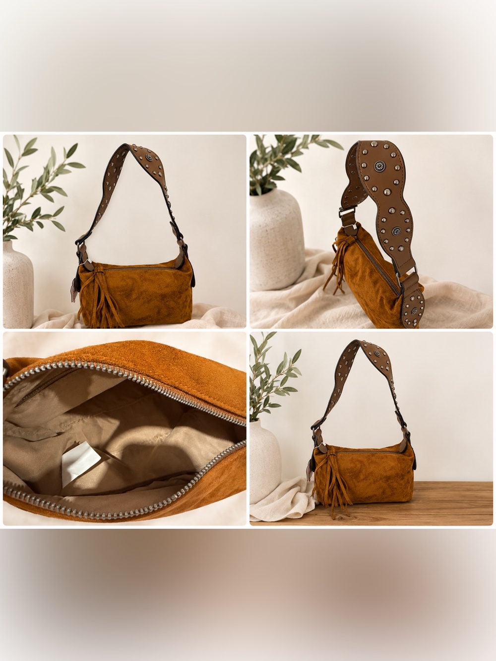 Studded Suede Hobo Bag in Chestnut Brown